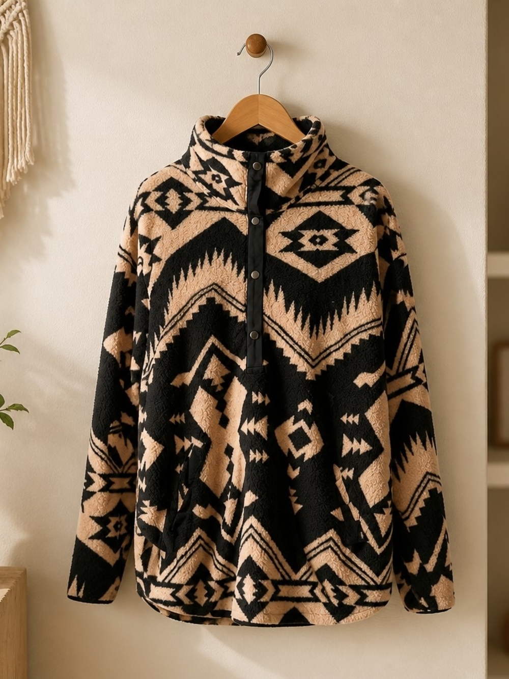 Women's Black and Tan Patterned Fleece Pullover Sweater